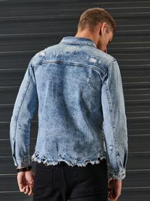 RueChic Men Ripped Raw Hem Flap Pocket Denim Jacket - Light Wash - View 5