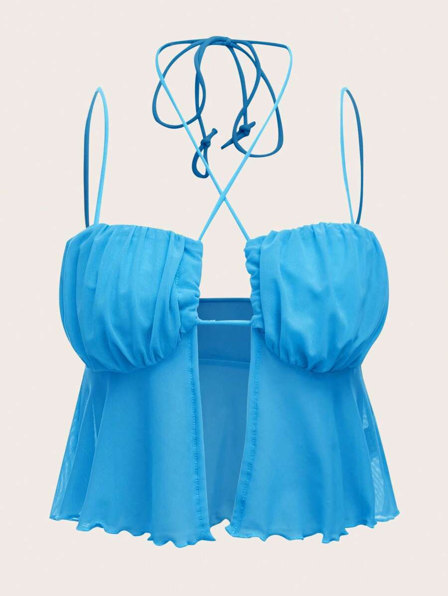 SHEIN ICON 性感木耳邊 褶邊 後系帶純色女士背心 - 薄荷藍 - 查看 1