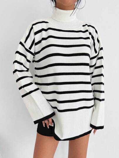 EURMUSE Striped Pattern Turtleneck Drop Shoulder Sweater