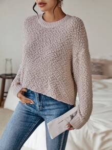 SHEIN LUNE Popcorn Knit Drop Shoulder Split Hem Sweater - Apricot - View 5