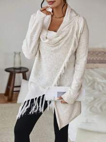 SHEIN Clasi Draped Collar Fringe Trim Asymmetrical Hem Sweater - Apricot - View 6