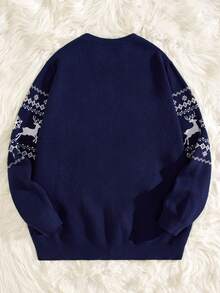 GENTILAND Hombres Cárdigan alce de Navidad & con patrón geométrico - Azul Marino - Ver 2