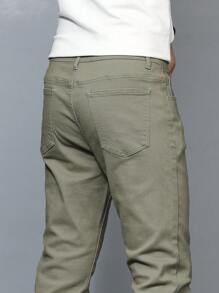 Manfinity Homme Men Solid Slant Pocket Skinny Jeans Slim Fit Long Washed Skater Jean Cargo Plain Olive Green Work Business Casual Husband - Olive Green - View 4