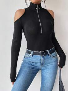 Siren Gaze ملابس علوية نسائية أنيقة طويلة الأكمام مفرغة مع سحاب نصفي في الياقة - الأسود - مشاهدة 5