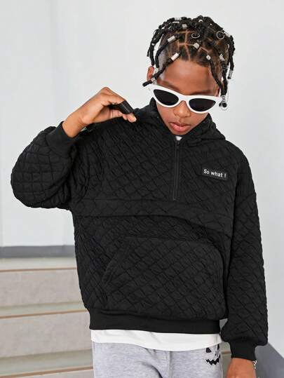 SHEIN 男大童字母貼布袋鼠口袋落肩袖衍縫夾克