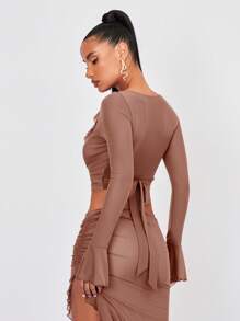 SHEIN BAE Ruffle Trim Flare Sleeve Crop Top - Apricot - View 2