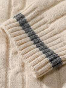 男士麻花編織條紋飾邊開襟衫 - 米色 - 查看 6