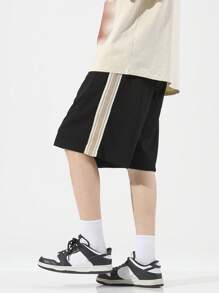 男士側拼接織帶腰部抽繩短褲 - 黑色 - 查看 4