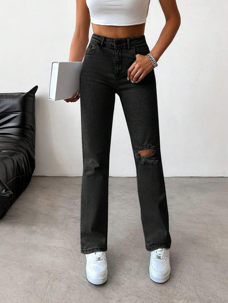 SHEIN Cottnline Ripped Straight Leg Jeans - Black - View 1