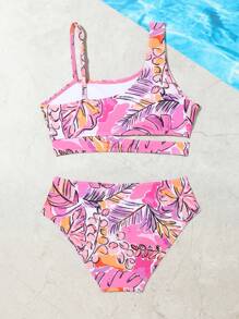 Tween Girl Tropical Print Asymmetrical Neck Bikini Set Summer Beach - Multicolor - View 2