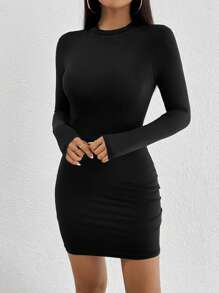 SHEIN PETITE Solid Mock Neck Bodycon Black Dress,Business Casual Woman - Black - View 4