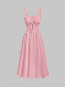 SHEIN MOD Solid Frill Trim Tie Front Dress