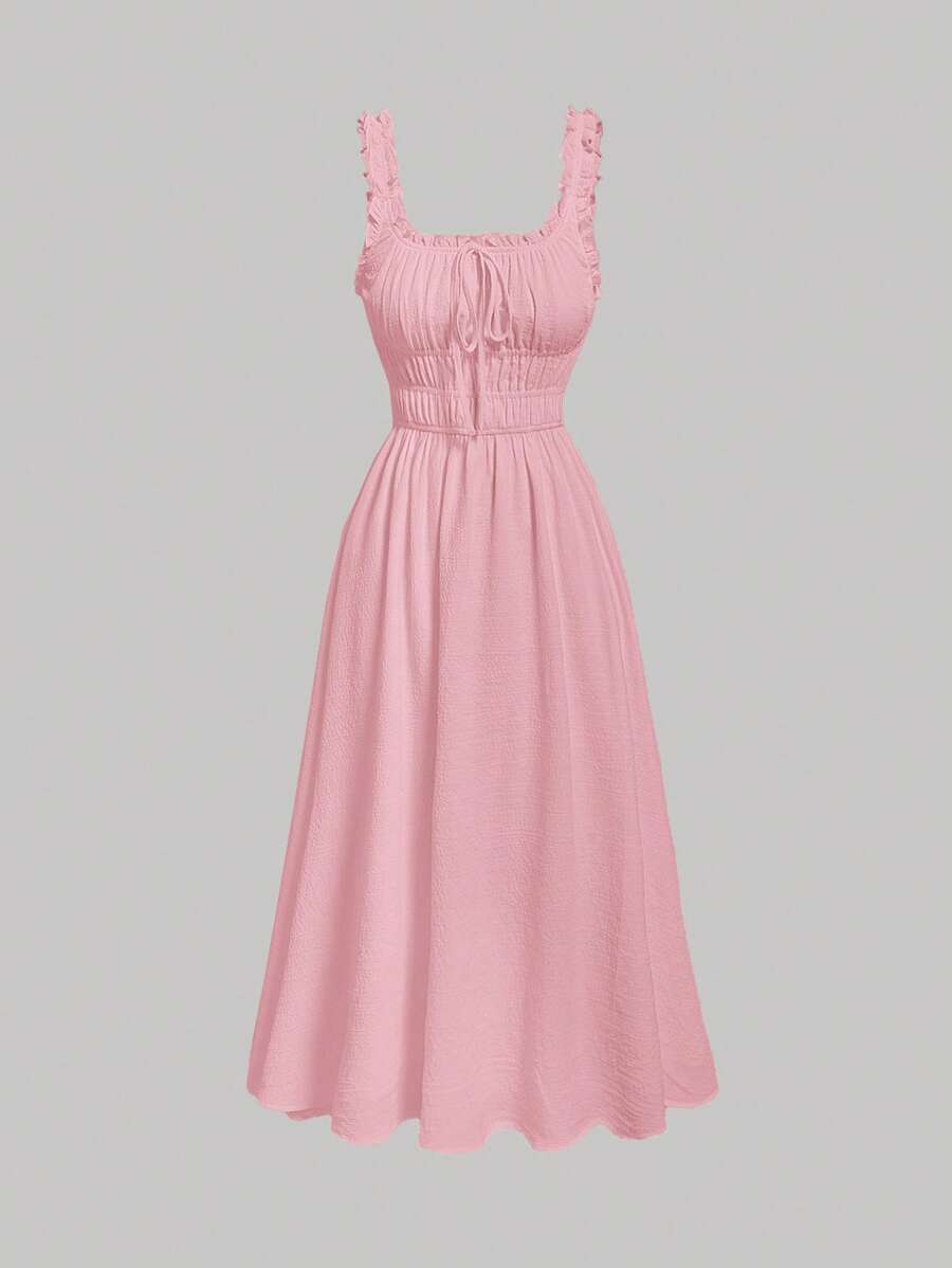 SHEIN MOD Solid Frill Trim Tie Front Dress
