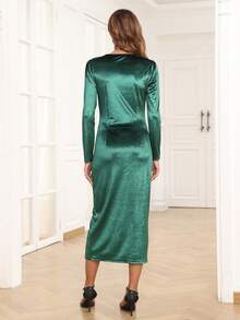 Jacquard Split Hem Velvet Dress - Green - View 2