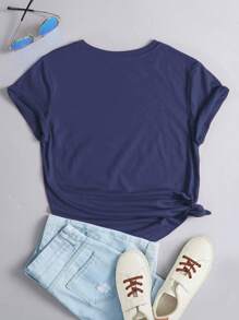 INAWLY Astronaut And Letter Graphic Tee Graphic Tees Women Tops - Navy Blue - View 2