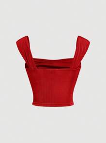 SHEIN MOD Chất rắn Xù Crop Tank Top - Đỏ - Xem 2