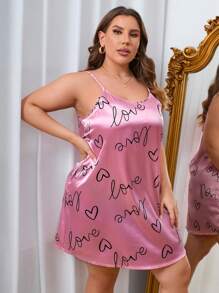 Cộng với Váy ngủ bằng vải satin Cami Pajama hình trái tim và chữ cái - Bụi hồng - Xem 3