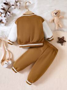Baby Boy Colorblock Striped Trim Varsity Jacket & Sweatpants - Brown - View 2