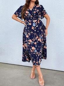 Calvaya Plus Floral Print Knot Side Dress - Blue - View 6