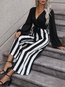SHEIN VCAY Striped Print Surplice Neck Belted Wide Leg Jumpsuit - Black - View 3