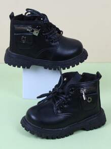 Infant Lace-up & Zipper Design Mini Lock Decor Boots - Black - View 5