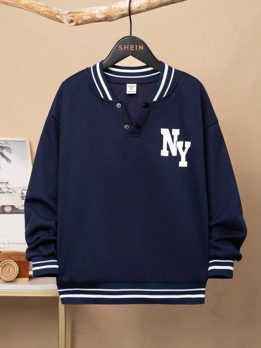 SHEIN 男大童字母圖案條紋飾邊落肩袖運動衫 - 藏蓝色 - 查看 1