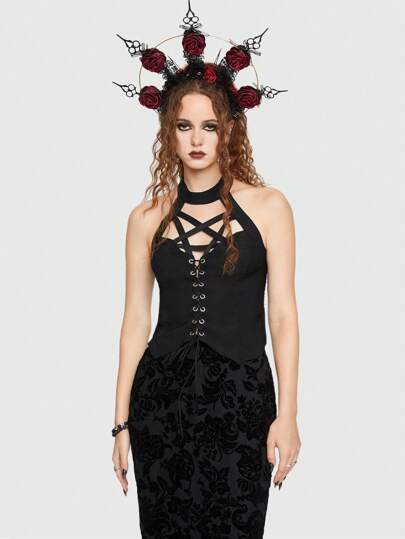Goth Crisscross Front Halter Top
