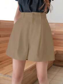 DAZY Slant Pocket Plicated Detail Wide Leg Shorts Without Belt - Camel - View 3