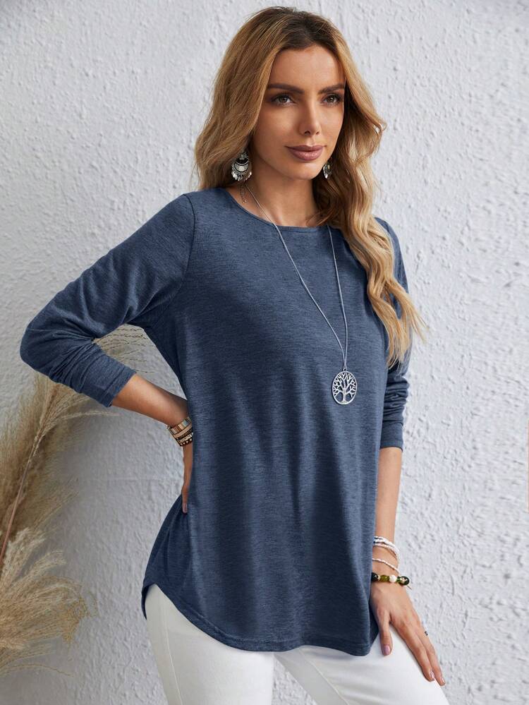 Women's Casual Solid Color Button Back Curved Hem T-Shirt Women Long Sleeve Tops Grey Tops For Women Gray Blouse Women Solid Color T Shirt Tops Women Women Women's Fall Clothes