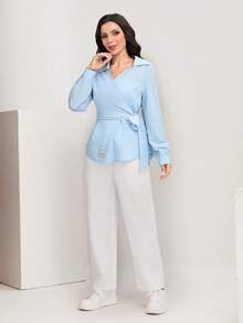Mulvari Letter Patched Detail Knot Side Wrap Blouse - Baby Blue - View 4