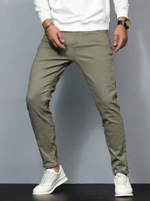 Manfinity Homme Men Solid Slant Pocket Skinny Jeans Slim Fit Long Washed Skater Jean Cargo Plain Olive Green Work Business Casual Husband - Olive Green - View 7