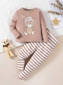 Baby Boy Cartoon Graphic Tee & Striped Pants Snug Fit PJ Set - Brown - View 1