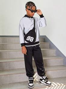 Tween Boy Reflective Letter Graphic Drop Shoulder Hoodie With Bag