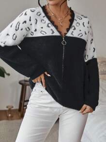 SHEIN LUNE Graphic Pattern Eyelash Lace Trim Drop Shoulder Cardigan - Black and White - View 3