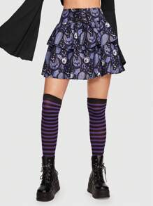 Sonchs Curiosities Goth Bat Print Lace Up Front Ruffle Hem Skirt - Multicolor - View 5