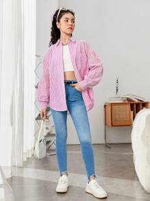 SHEIN 青少年女孩條紋印花落肩袖襯衫不附吊帶上衣 - 粉色 - 查看 5