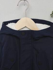 SHEIN Young Boy Flap Pocket Teddy Lined Hooded Coat - Navy Blue - View 4
