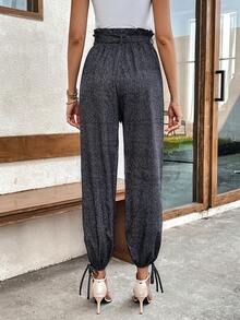 SHEIN LUNE Nếp gấp cao eo Nút viền Thắt lưng Quần - Màu xám đen - Xem 2