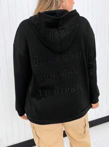 Flirla Plus Size Letter Embroidery Drop Shoulder Sweatshirt Pullover Fall Sweatshirt - Black - View 1