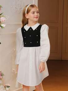 SHEIN Tween Girl Pearls Beaded Two Tone Lantern Sleeve 2 In 1 Dress - Black and White - View 3
