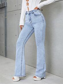 SHEIN Essnce Slant Pocket Flare Leg Jeans - Light Wash - View 4