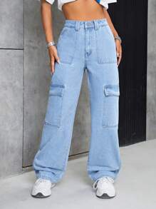 SHEIN PETITE Flap Pocket Straight Leg Jeans - Light Wash - View 1