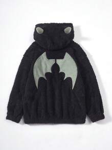 SHEIN 男大童翅膀印花3D耳朵設計連帽毛絨夾克 - 黑色 - 查看 2