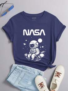 INAWLY Astronaut And Letter Graphic Tee Graphic Tees Women Tops - Navy Blue - View 1