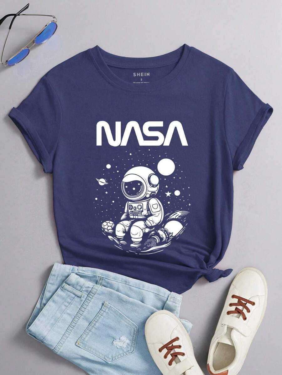 INAWLY Astronaut And Letter Graphic Tee Graphic Tees Women Tops - Navy Blue - View 1