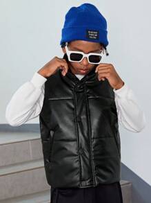 SHEIN Tween Boy Zip Up PU Leather Vest Padded Coat - Black - View 5