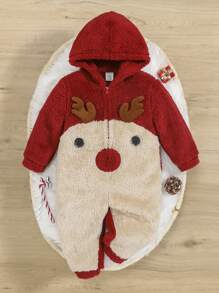 SHEIN 中性嬰兒聖誕馴鹿刺繡撞色連帽搖粒絨連身褲 - 彩色 - 查看 1