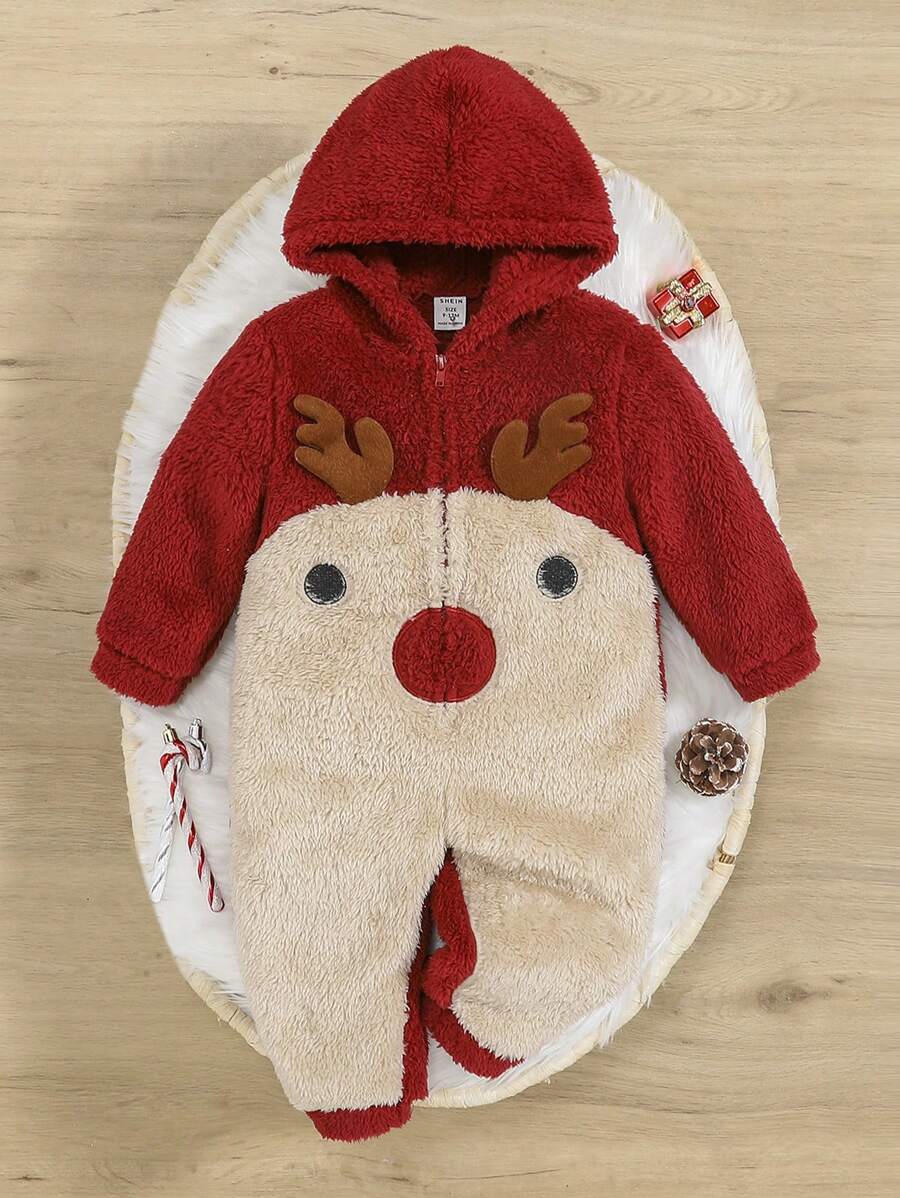 SHEIN 中性嬰兒聖誕馴鹿刺繡撞色連帽搖粒絨連身褲 - 彩色 - 查看 1