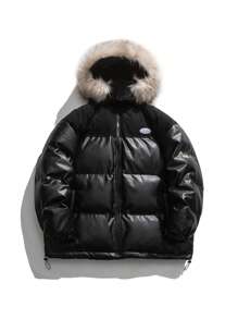 Men Letter Patched Fuzzy Trim Hooded Padded Coat - Black - View 1