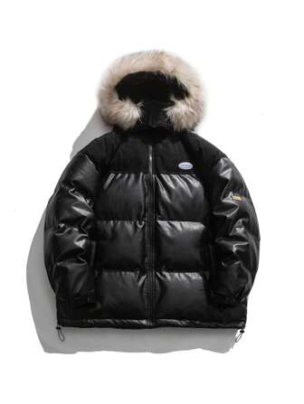 Palton căptușit cu glugă, cu litere petice, cu garnitură neclară